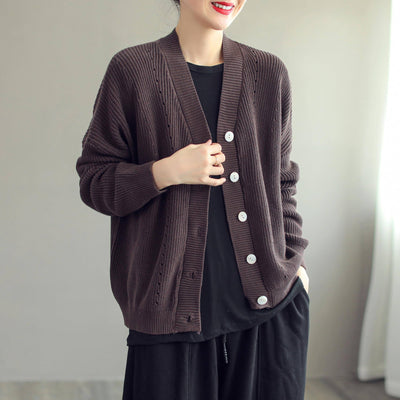 Women Casual Cotton Knitted Solid V-Neck Cardigan