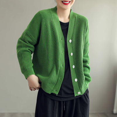 Women Casual Cotton Knitted Solid V-Neck Cardigan Sep 2022 New Arrival One Size Green 