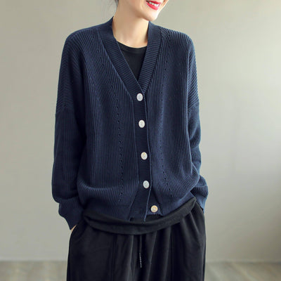 Women Casual Cotton Knitted Solid V-Neck Cardigan Sep 2022 New Arrival One Size Navy 