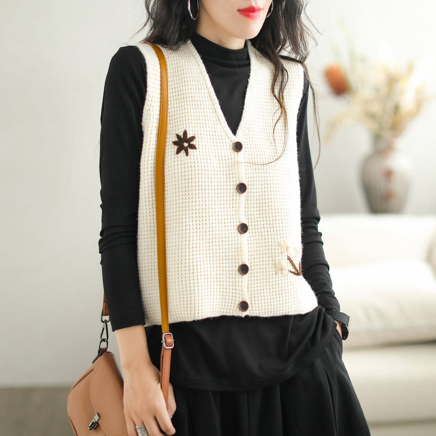Women Casual Embroidery Knitted Waistcoat Sep 2023 New Arrival One Size Beige 