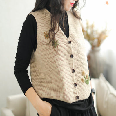 Women Casual Embroidery Knitted Waistcoat Sep 2023 New Arrival One Size Khaki 