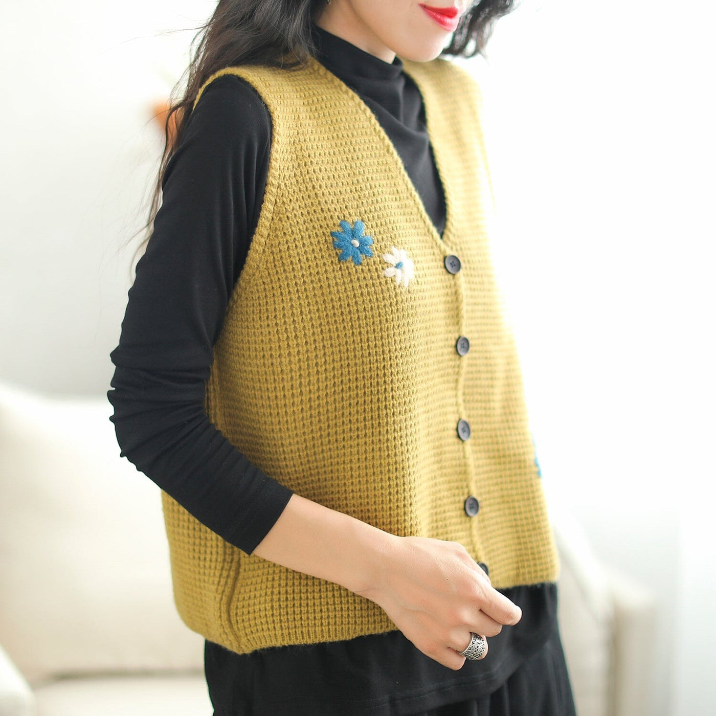 Women Casual Embroidery Knitted Waistcoat Sep 2023 New Arrival One Size Yellow 