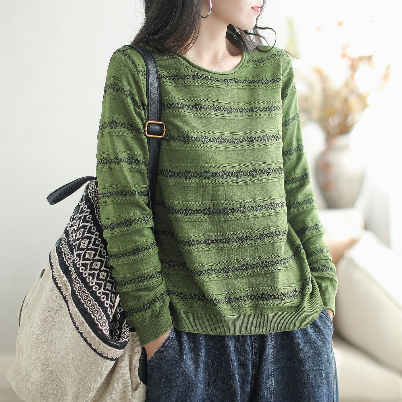 Women Casual Fashion Cotton Knitted Loose Shirt Sep 2023 New Arrival One Size Green 