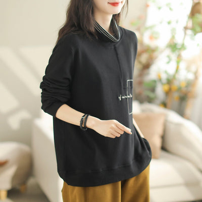 Women Casual Fashion Embroidery Turtleneck Shirt Oct 2023 New Arrival One Size Black 