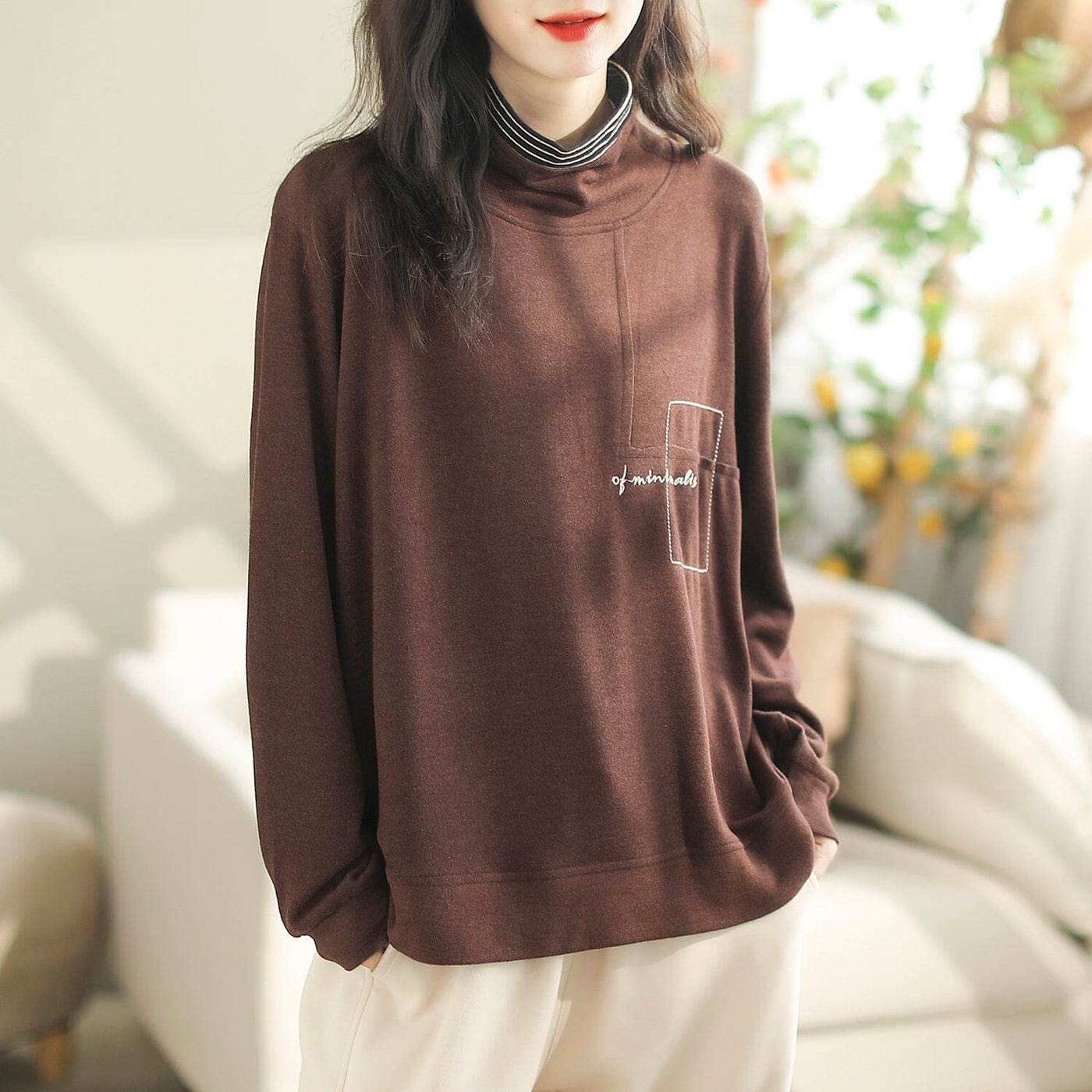 Women Casual Fashion Embroidery Turtleneck Shirt Oct 2023 New Arrival One Size Coffee 