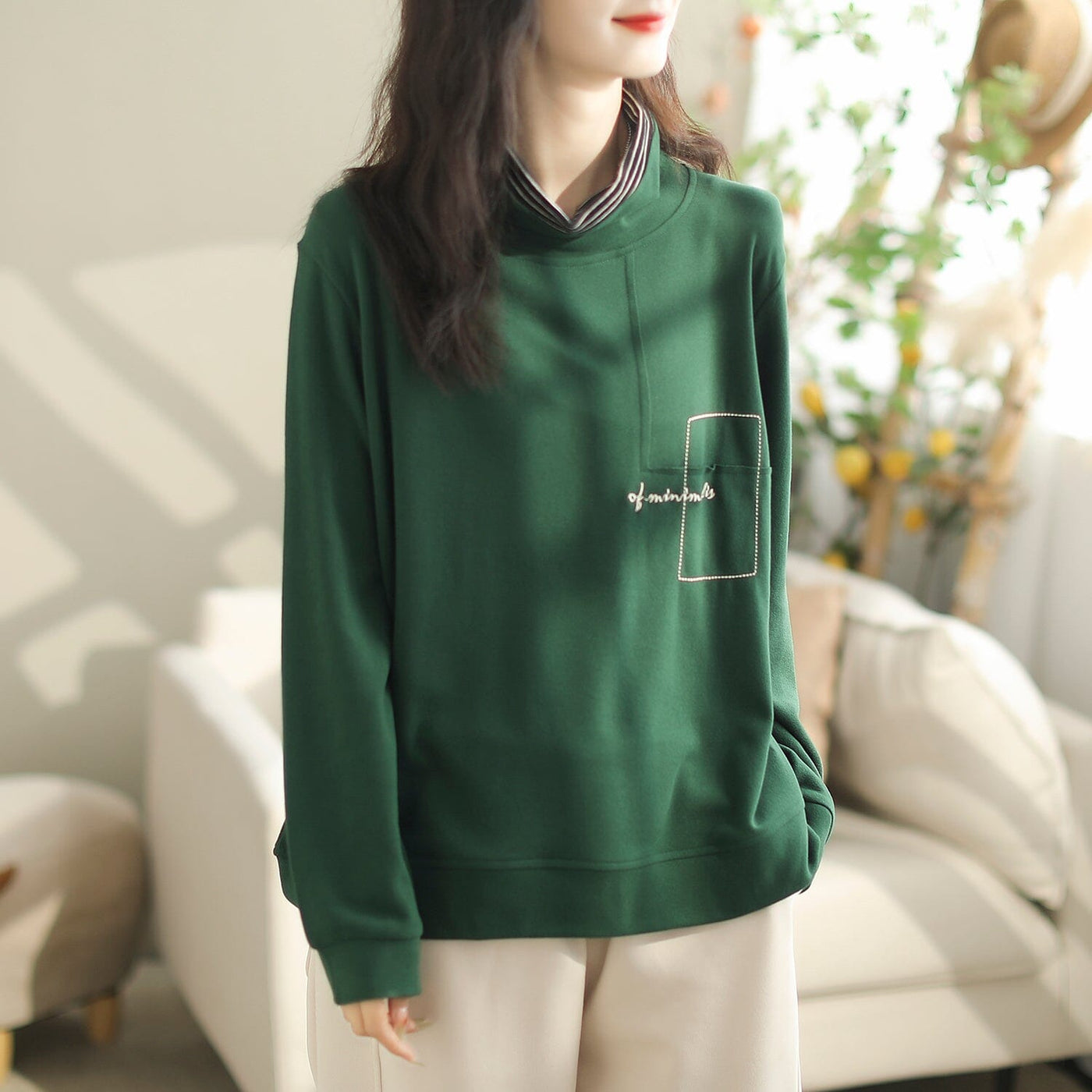 Women Casual Fashion Embroidery Turtleneck Shirt Oct 2023 New Arrival One Size Green 