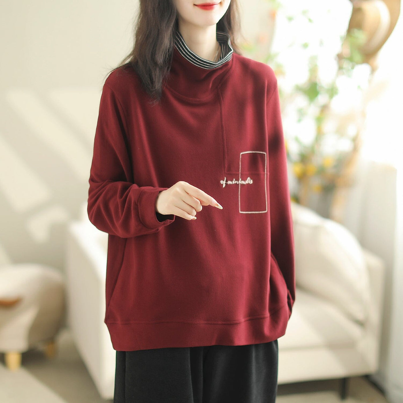 Women Casual Fashion Embroidery Turtleneck Shirt Oct 2023 New Arrival One Size Wine Red 