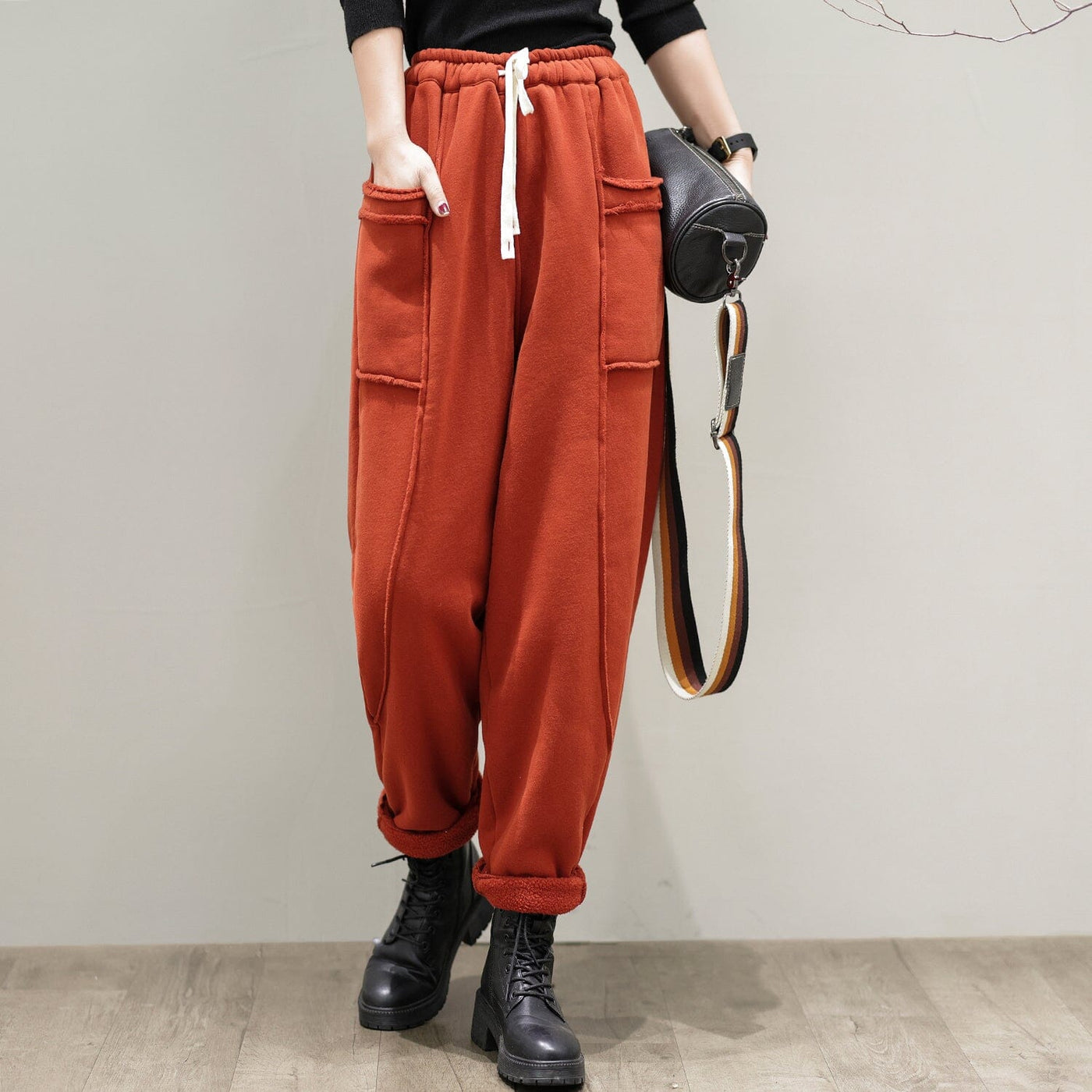 Women Casual Fleece Winter Solid Harem Pants Nov 2022 New Arrival One Size Red 