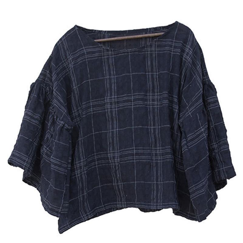 Women Casual Loose Cotton Linen Checked Blouse 2019 May New 