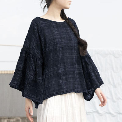 Women Casual Loose Cotton Linen Checked Blouse 2019 May New One Size Deep Blue 