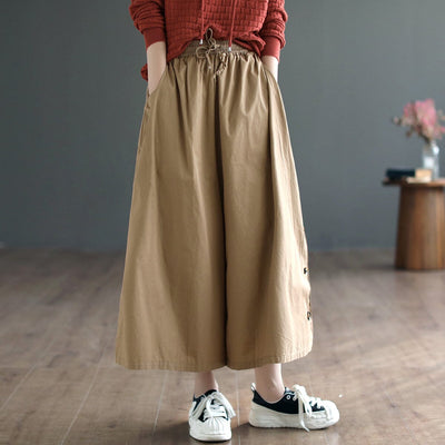 Women Casual Loose Cotton Solid Wide-leg Pants Feb 2023 New Arrival One Size Khaki 