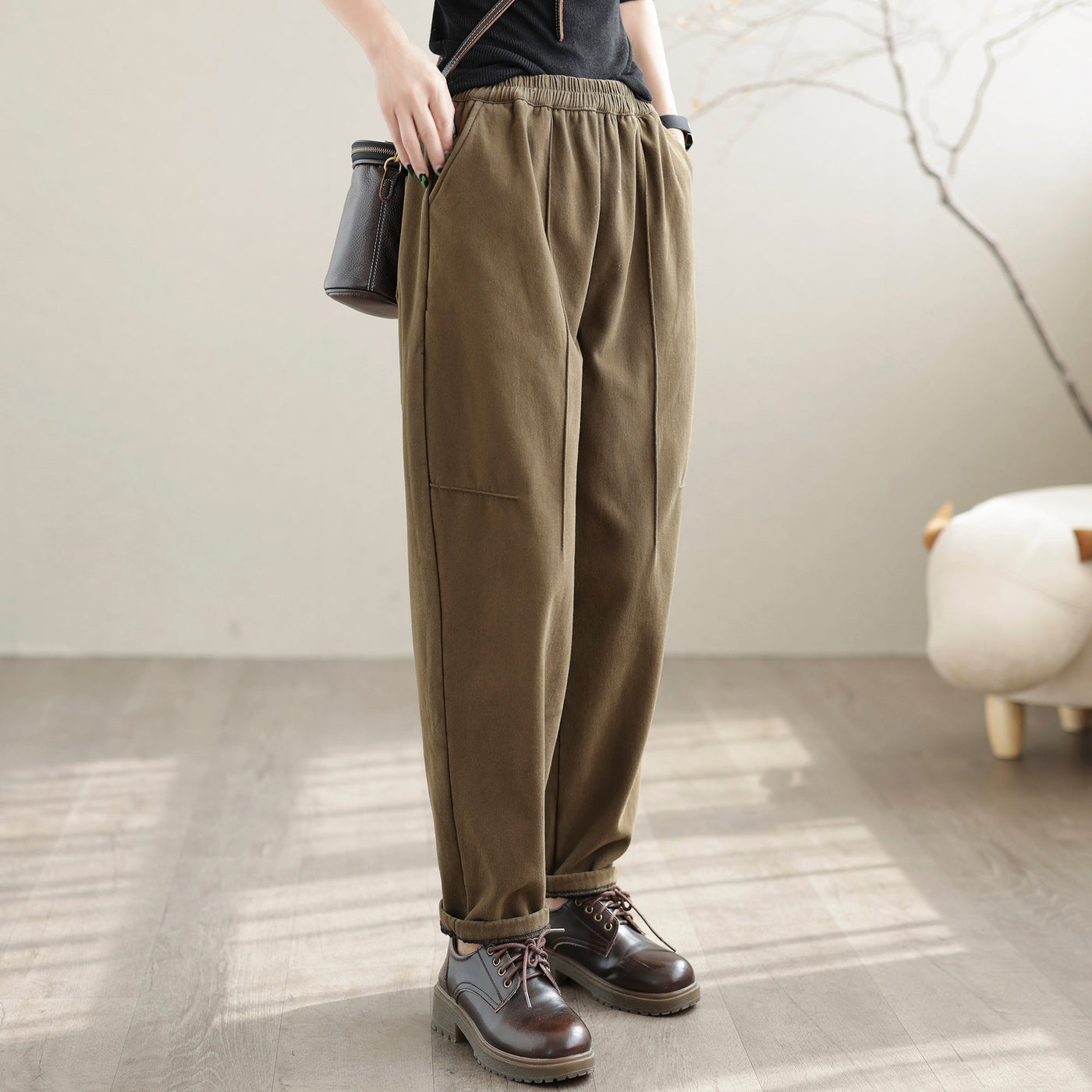Women Casual Loose Furred Cotton Winter Pants Oct 2022 New Arrival M Brown 