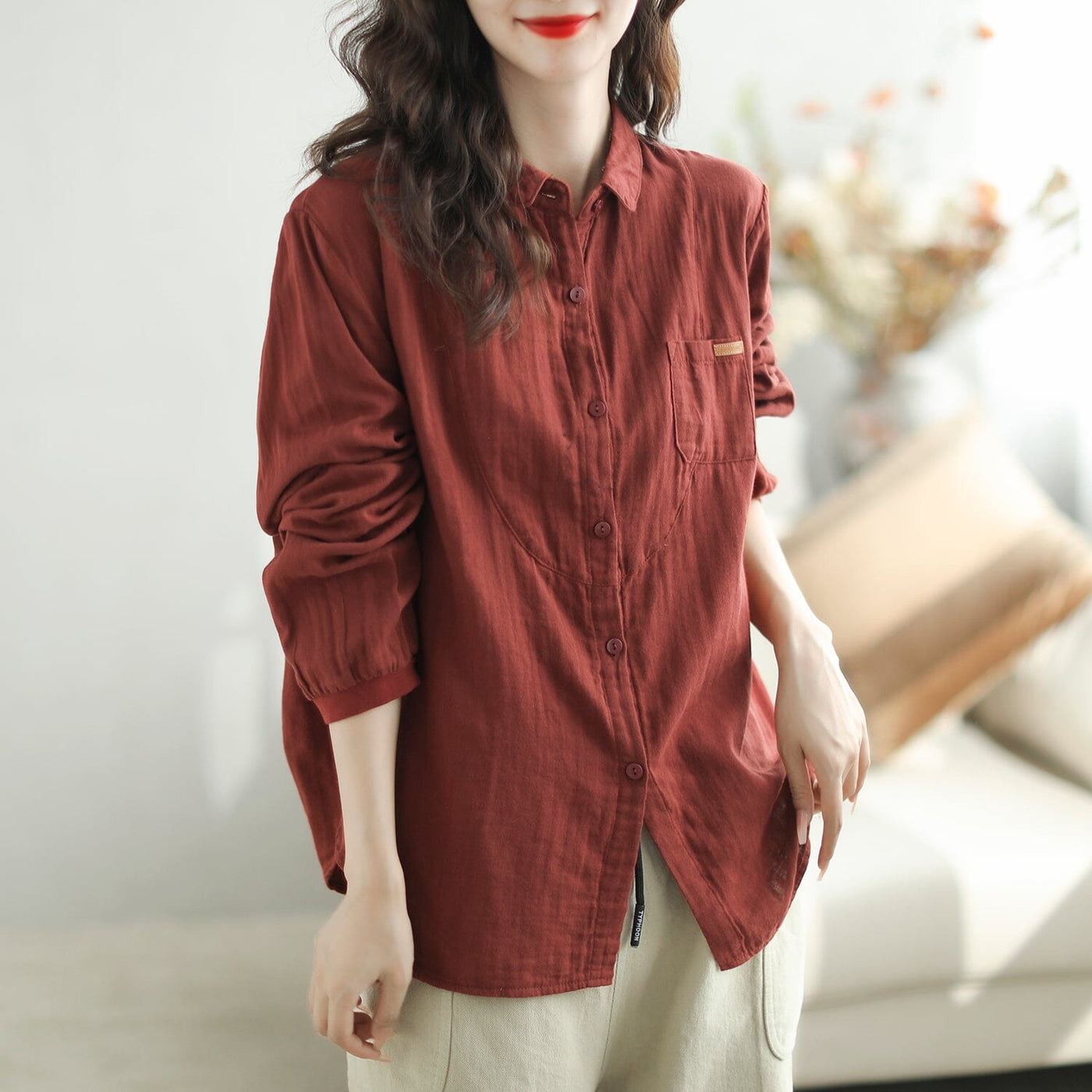 Women Casual Loose Solid Cotton Autumn Blouse