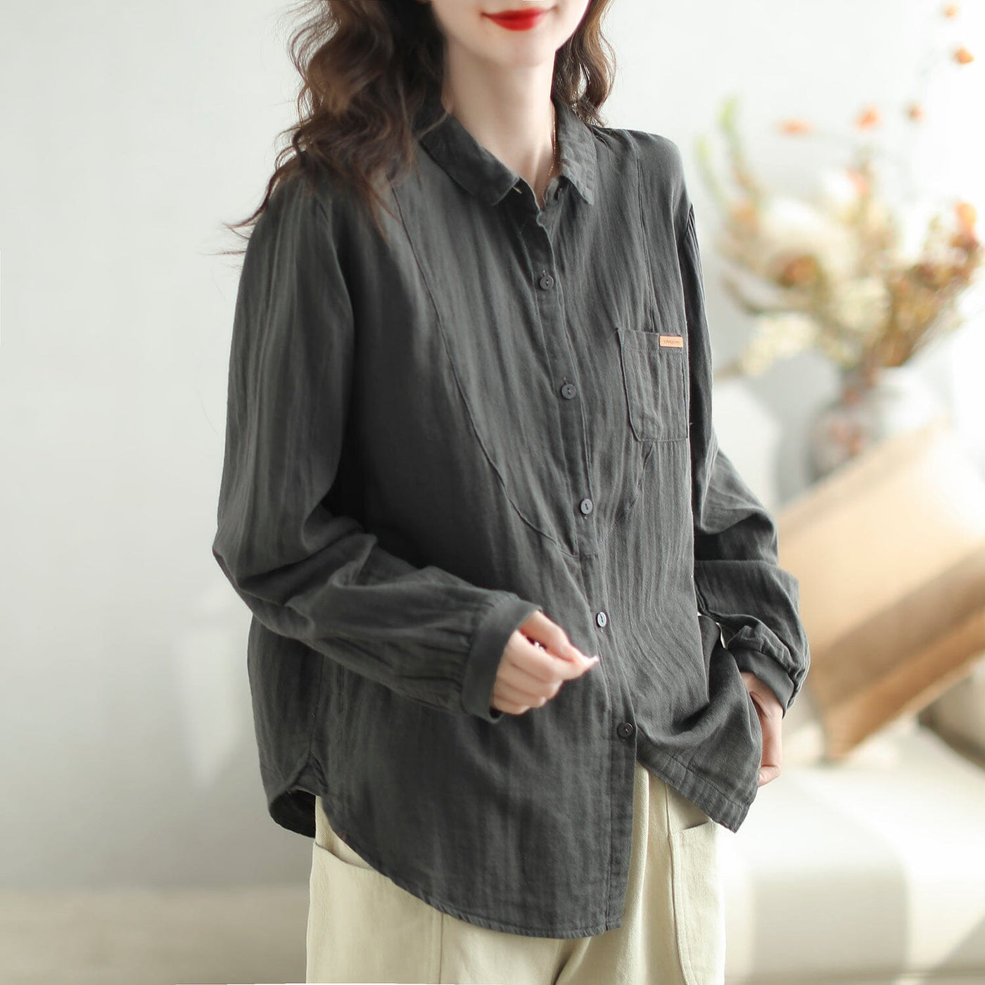 Women Casual Loose Solid Cotton Autumn Blouse