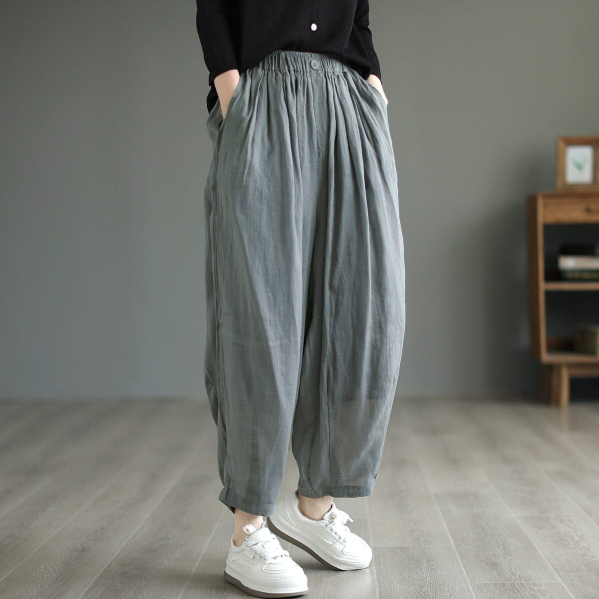 Women Casual Loose Spring Linen Harem Pants Apr 2023 New Arrival One Size Gray 