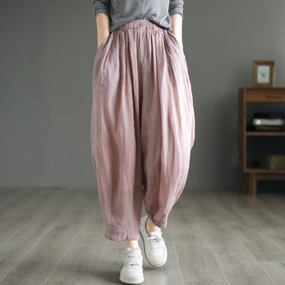 Women Casual Loose Spring Linen Harem Pants Apr 2023 New Arrival One Size Pink 