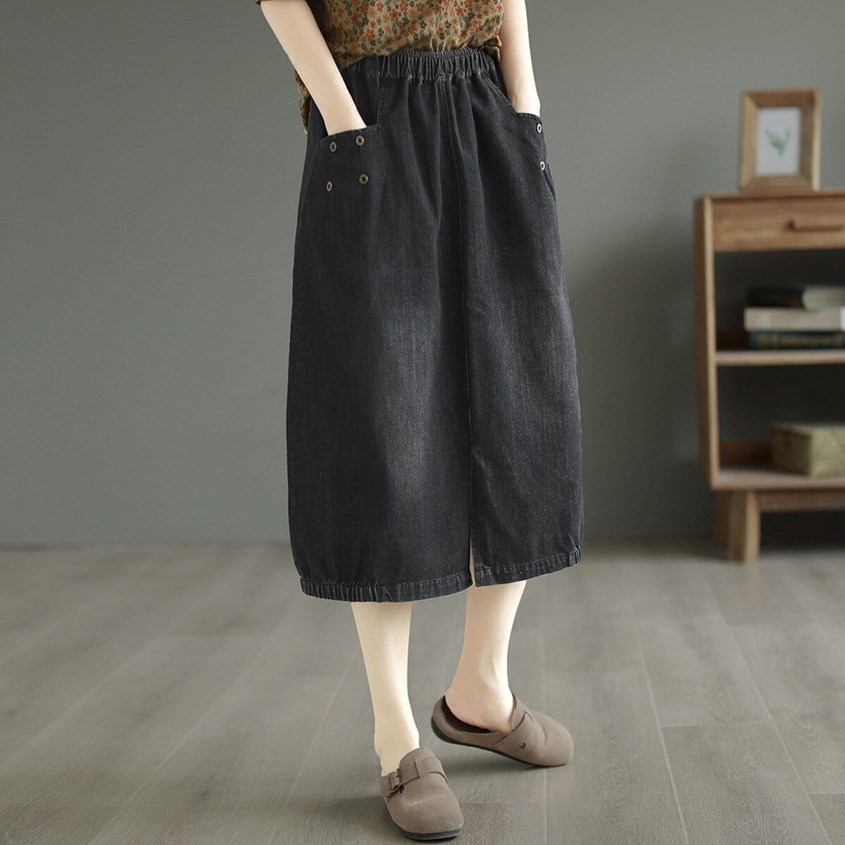 Women Casual Minimalist Cotton Split Denim Skirt