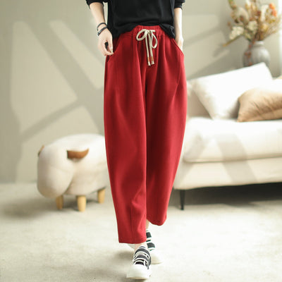 Women Casual Minimalist Loose Cotton Pants Oct 2023 New Arrival One Size Red 