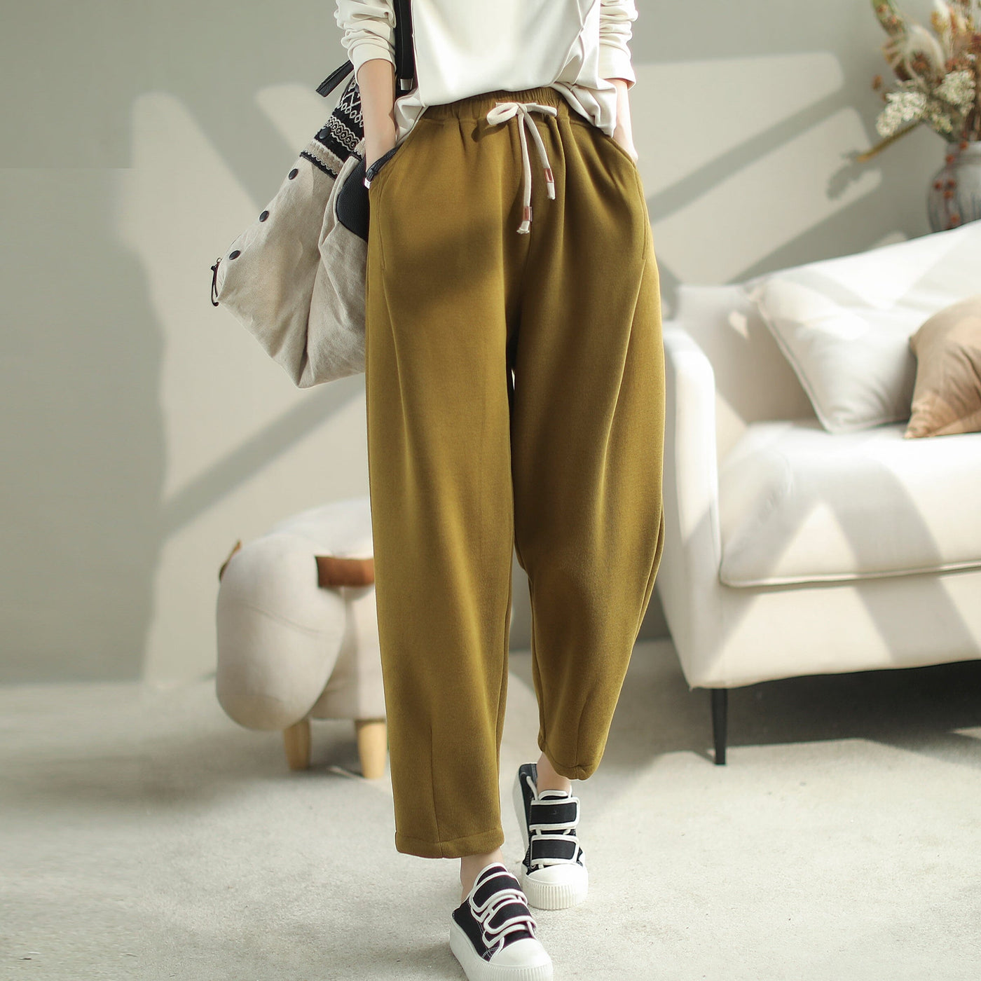 Women Casual Minimalist Loose Cotton Pants Oct 2023 New Arrival One Size Yellow 