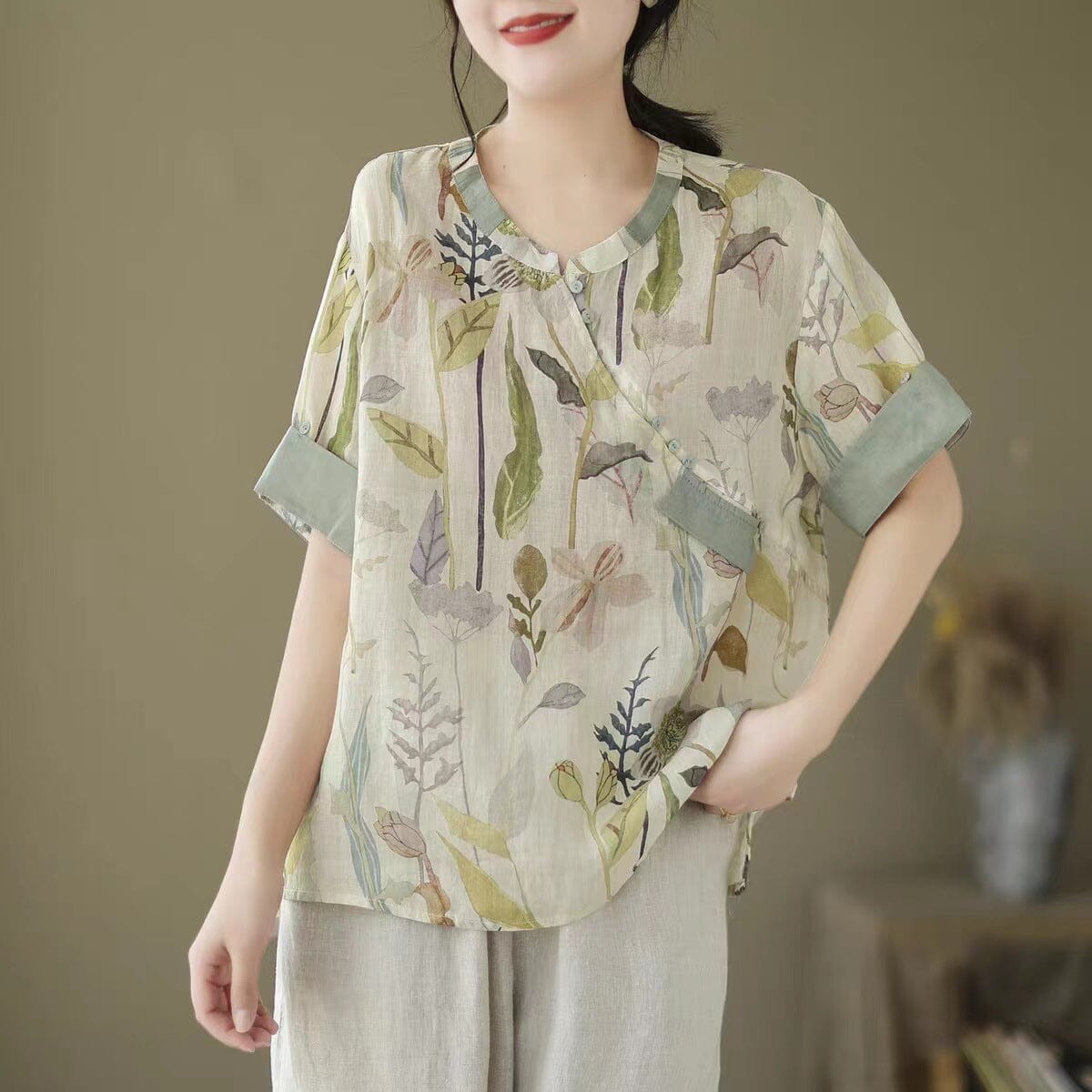 Women Casual Retro Floral Summer Linen Blouse