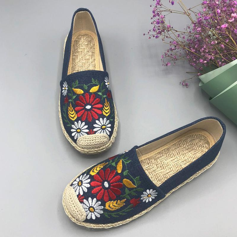 Women Casual Slip On Embroidered Flat Breathable Shoes 2019 Jun New 35 Blue 