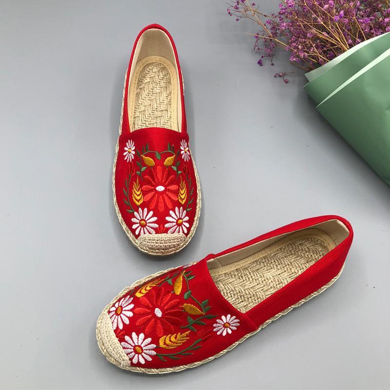 Women Casual Slip On Embroidered Flat Breathable Shoes 2019 Jun New 35 Red 