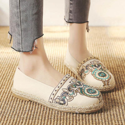 Women Casual Slip On Embroidered Low Heel Breathable Shoes 2019 Jun New 35 Beige 
