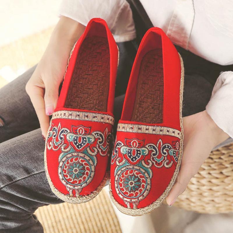Women Casual Slip On Embroidered Low Heel Breathable Shoes 2019 Jun New 35 Red 
