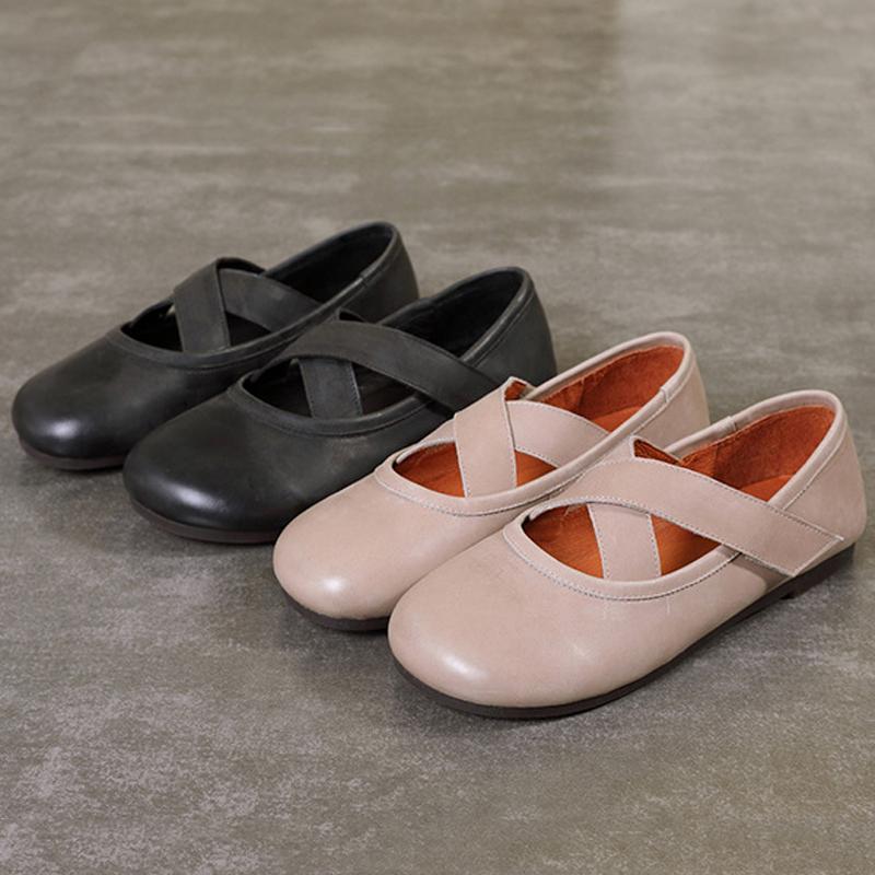 Women Casual Slip On Leather Cross Belts Round Toe Flats Shoes