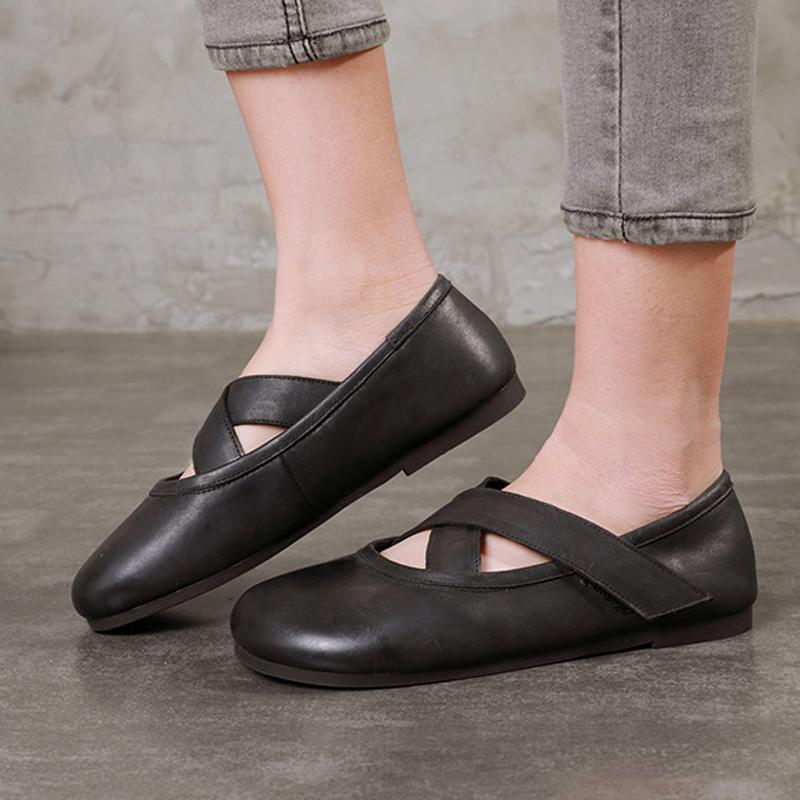 Women Casual Slip On Leather Cross Belts Round Toe Flats Shoes 2019 May New 35 Black 