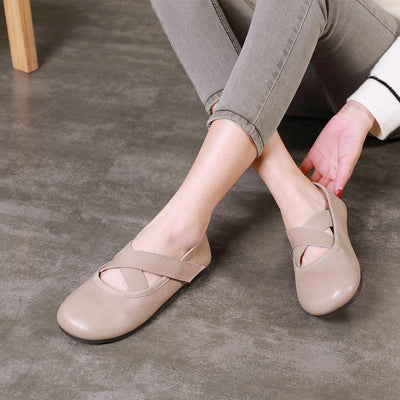Women Casual Slip On Leather Cross Belts Round Toe Flats Shoes