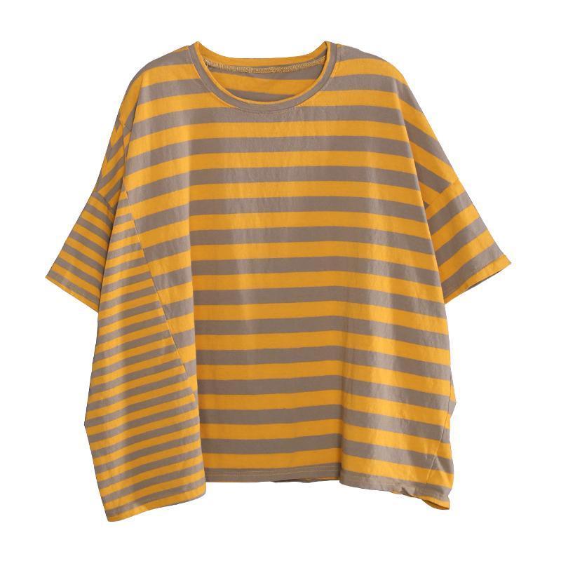Women Casual Slit Stripes Cotton Pocket T-Shirt