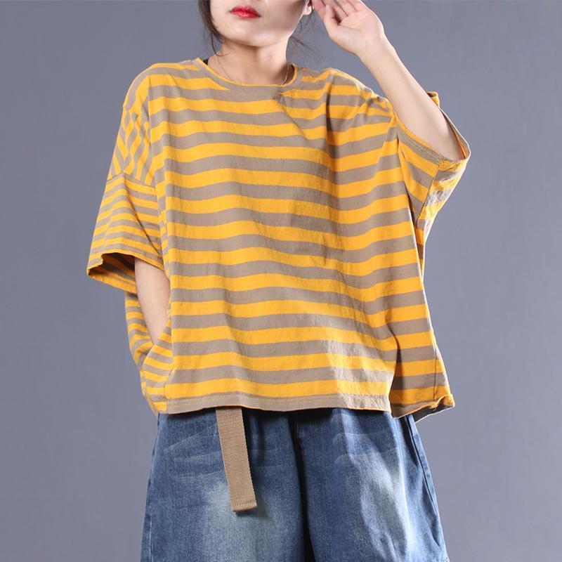 Women Casual Slit Stripes Cotton Pocket T-Shirt 2019 May New 