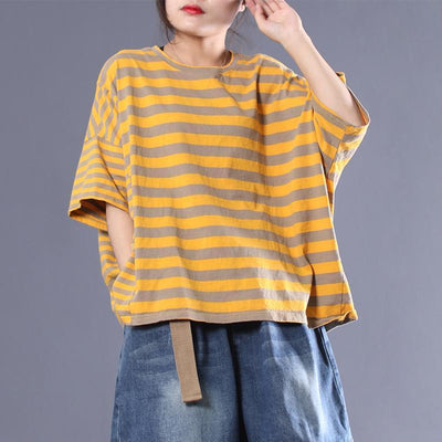 Women Casual Slit Stripes Cotton Pocket T-Shirt