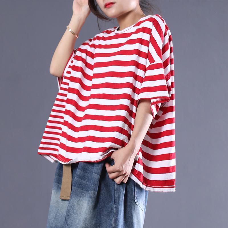 Women Casual Slit Stripes Cotton Pocket T-Shirt 2019 May New One Size Red 