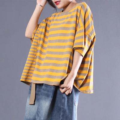Women Casual Slit Stripes Cotton Pocket T-Shirt 2019 May New One Size Yellow 