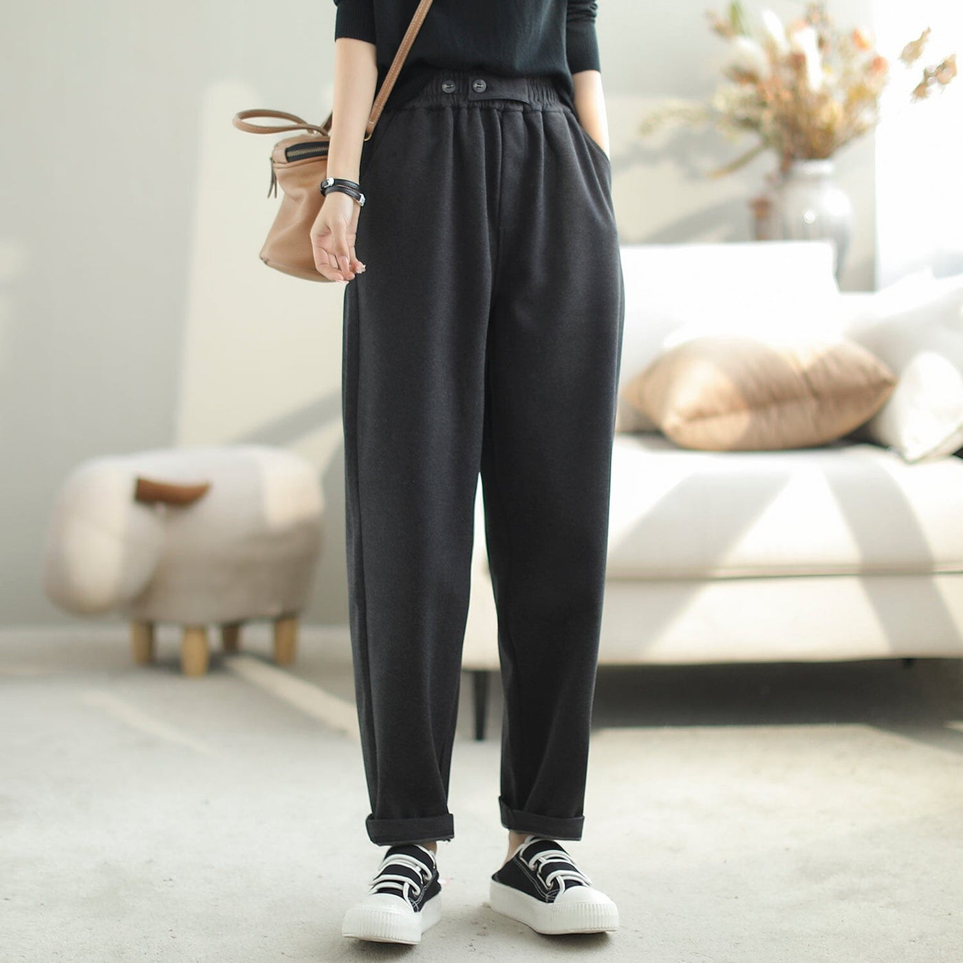Women Casual Solid Loose Harem Pants Oct 2023 New Arrival M Black 