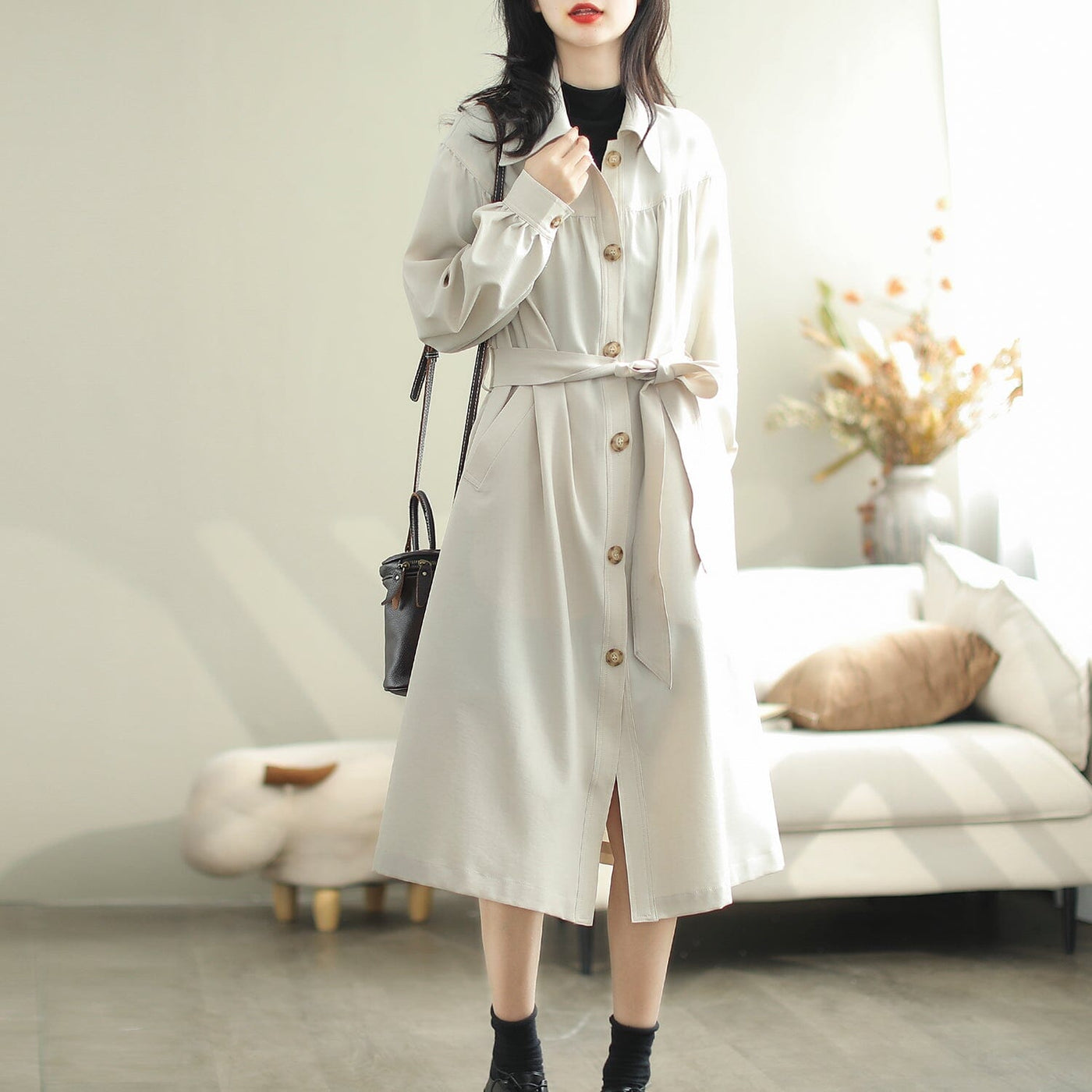 Women Casual Stylish cotton Solid Autumn Overcoat Oct 2023 New Arrival One Size Beige 