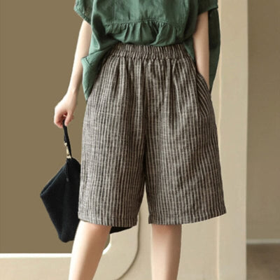 Women Casual Summer Linen Stripe Shorts