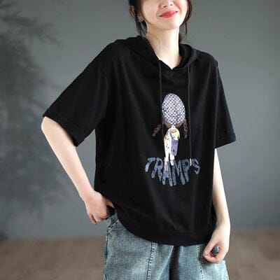 Women Casual Summer Short Sleeve Thin Hoodie May 2023 New Arrival Black One Size 