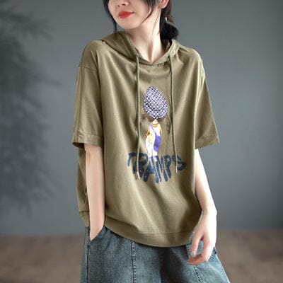 Women Casual Summer Short Sleeve Thin Hoodie May 2023 New Arrival Khaki One Size 