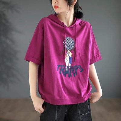 Women Casual Summer Short Sleeve Thin Hoodie May 2023 New Arrival Rose Red One Size 