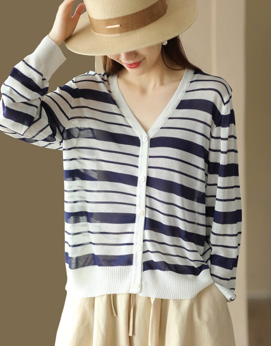 Women Casual Thin Linen Knitted Stripe V-Neck Cardigan Jul 2023 New Arrival Blue One Size 