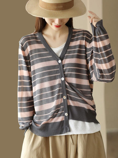 Women Casual Thin Linen Knitted Stripe V-Neck Cardigan Jul 2023 New Arrival Gray One Size 