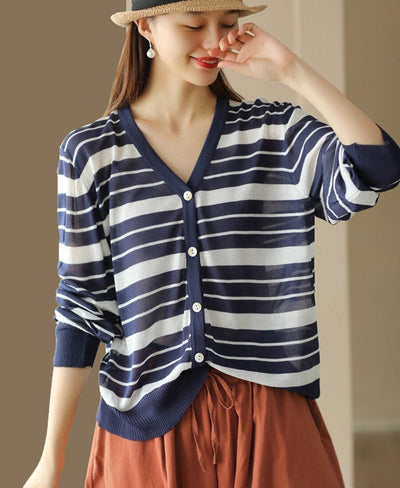 Women Casual Thin Linen Knitted Stripe V-Neck Cardigan Jul 2023 New Arrival Navy One Size 