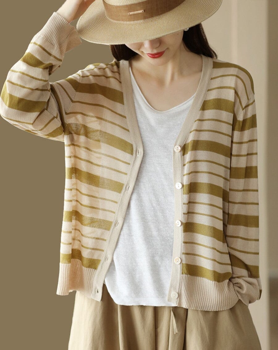 Women Casual Thin Linen Knitted Stripe V-Neck Cardigan Jul 2023 New Arrival Yellow One Size 
