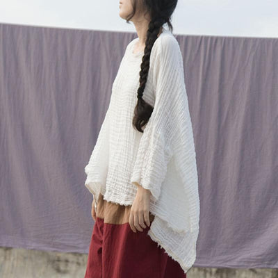 Women Cotton Casual Loose High Low Blouse