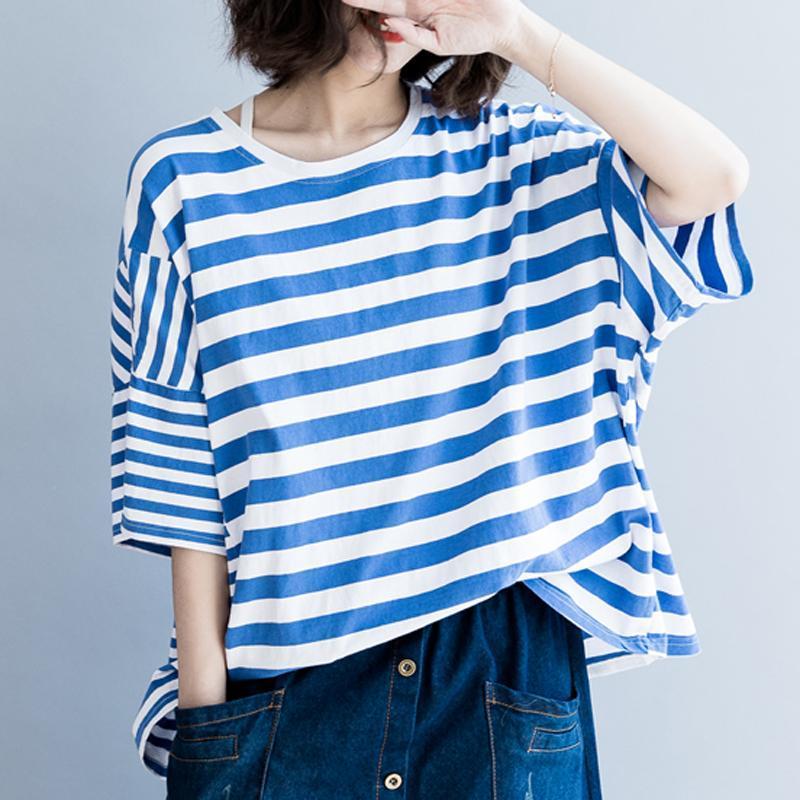 Women Cotton Casual Stripes Loose T-Shirt