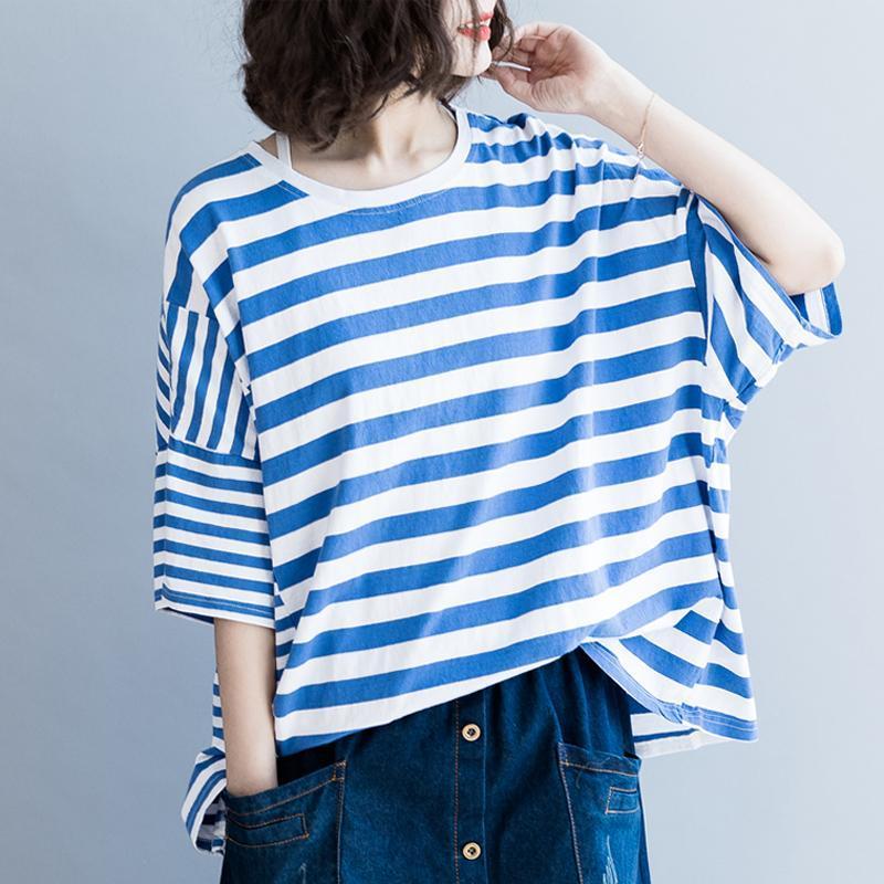 Women Cotton Casual Stripes Loose T-Shirt 2019 May New One Size Blue 