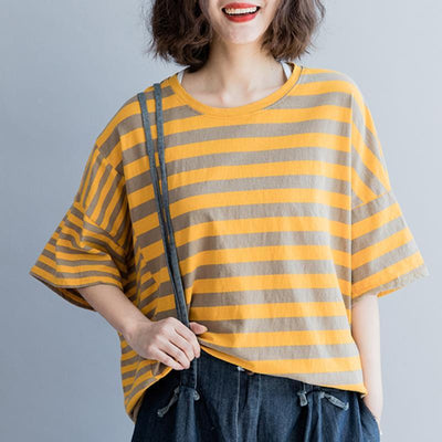 Women Cotton Casual Stripes Loose T-Shirt 2019 May New One Size Yellow 